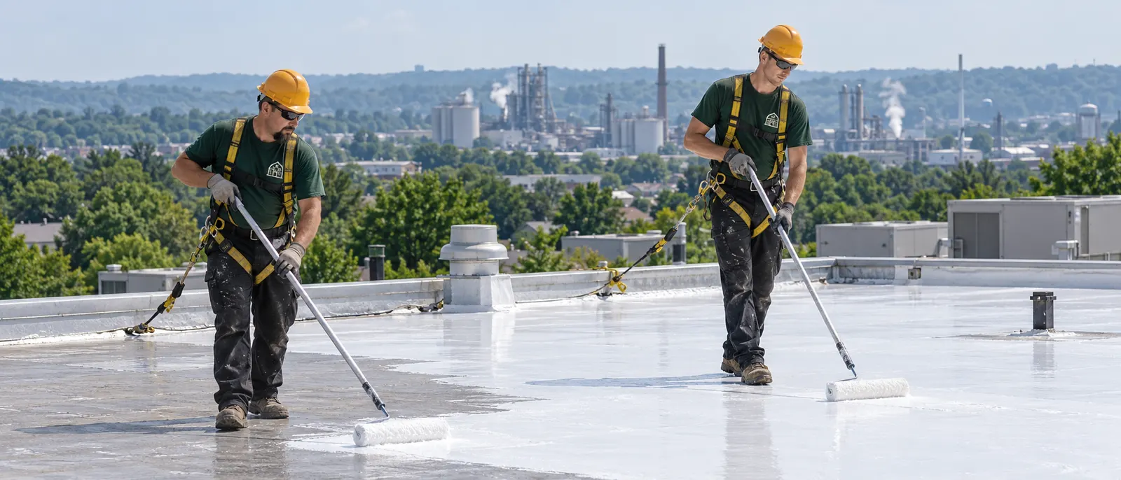 Crew applying white acrylic coating to a pitched metal shop roof