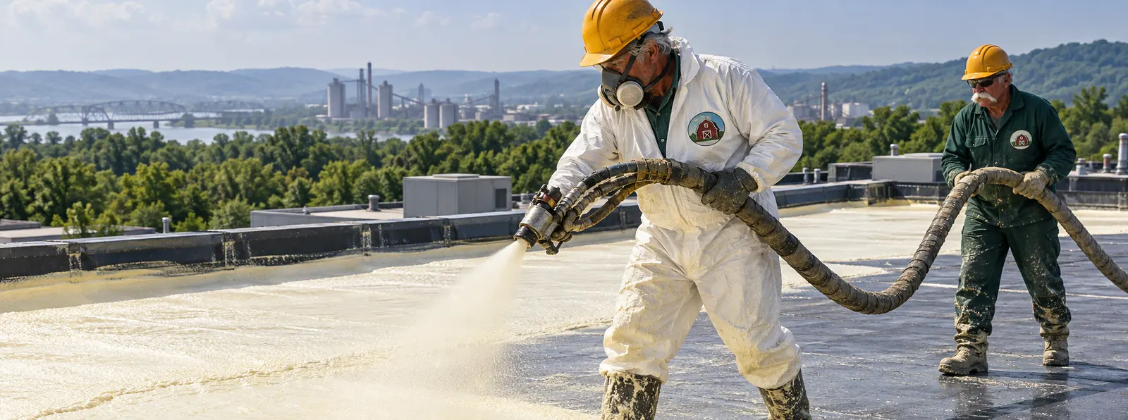 Crew spraying closed-cell foam over metal roof panels
